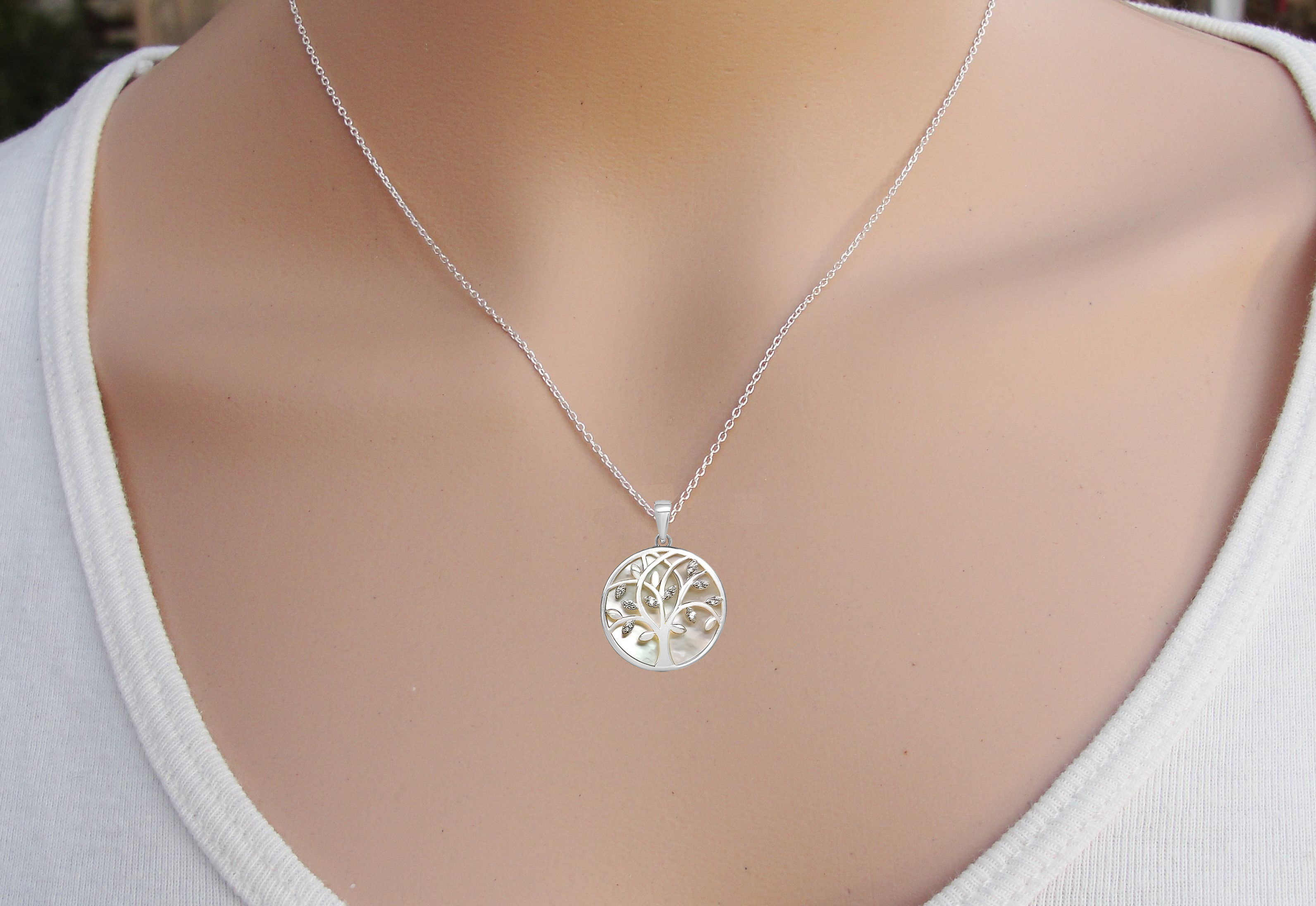 Collier pendentif symbole Arbre de vie en Pendentif de Nacre blanche Argent rhodié rond